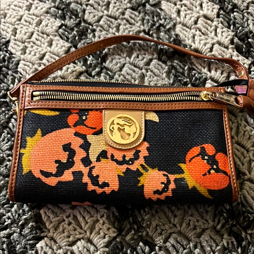 Navy and Brown Clutch with Floral Pattern and Gold Accents